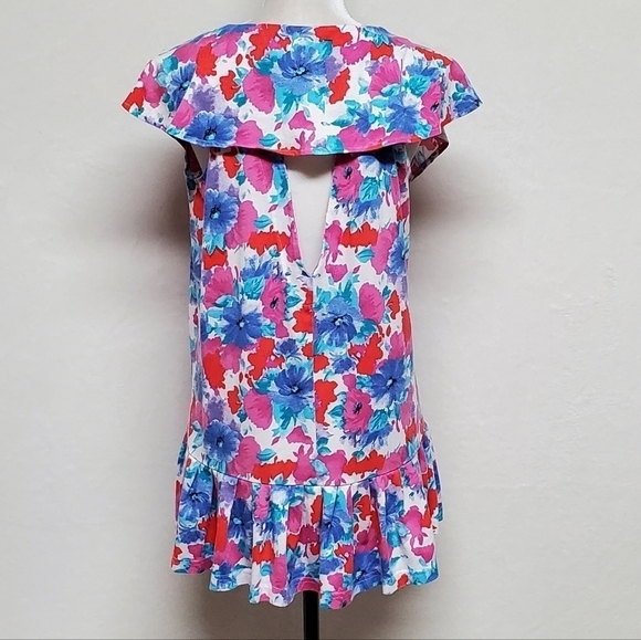 RARE Vintage Annex Multi-color Floral Pointed Collar Cut-out Ruffle Mini Dress M - Picture 10 of 16